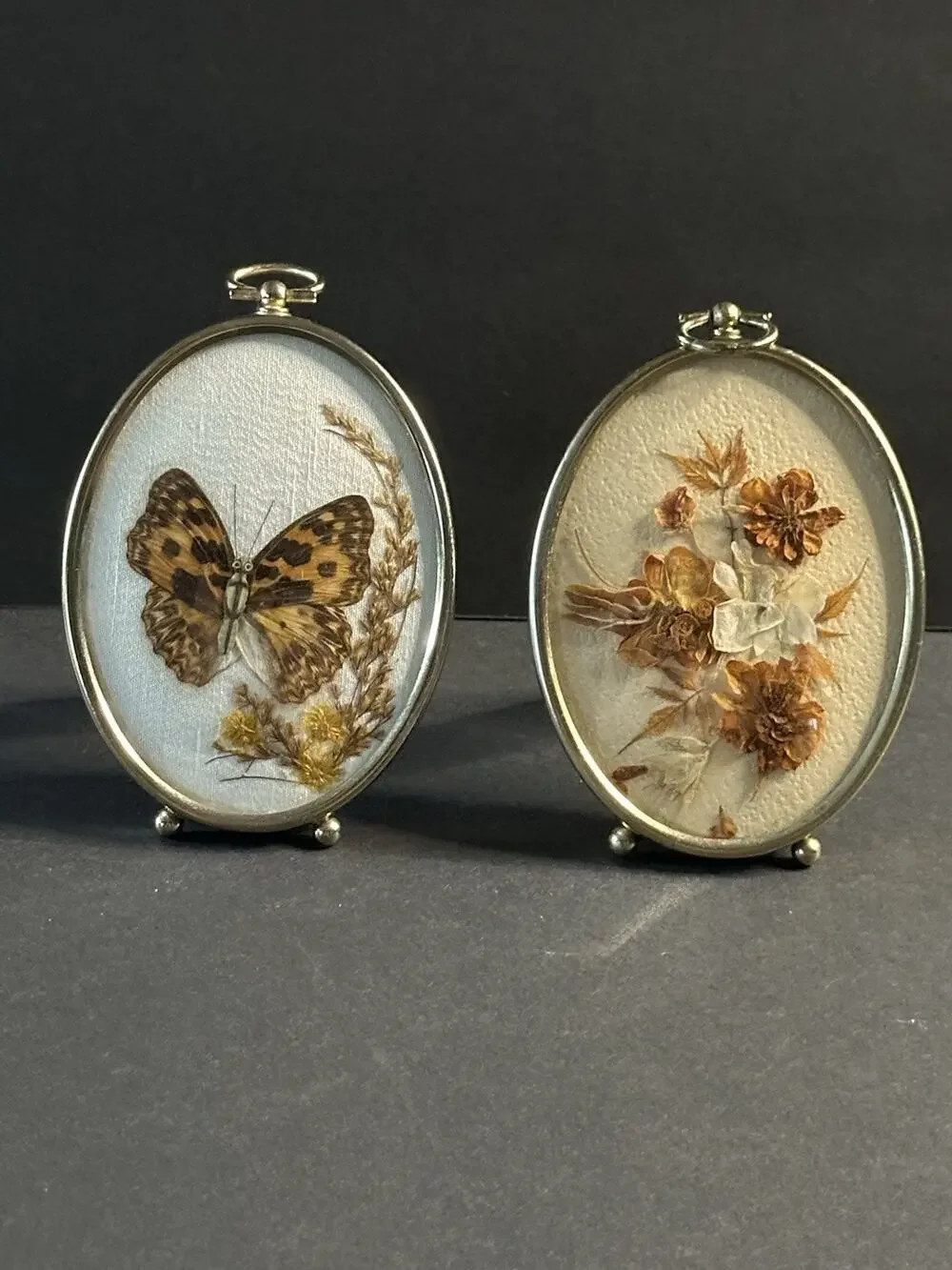 Vintage Gold Tone Oval Botanical Frames Convex Glass Dried Floral Butterfly Pair